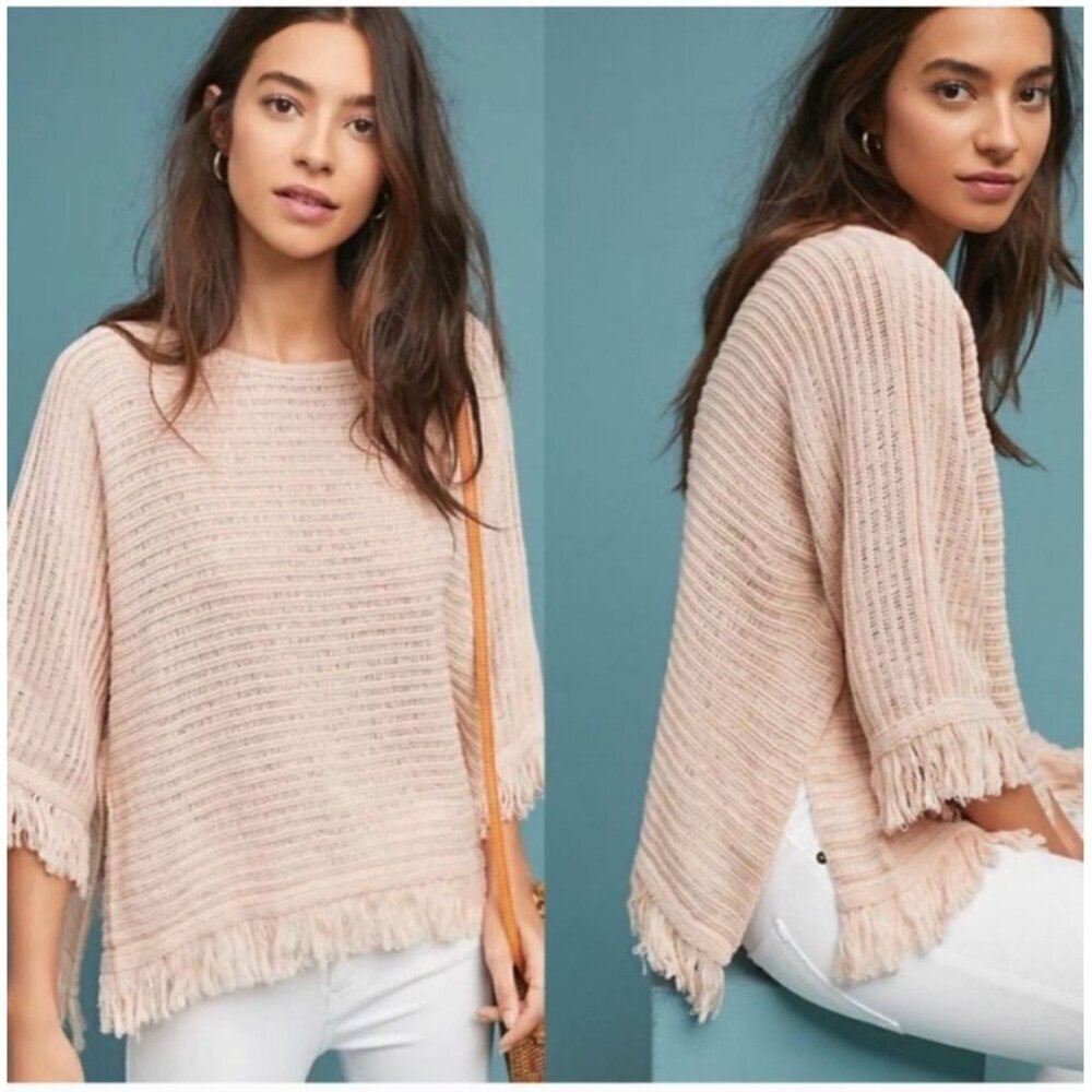 Anthropologie Akemi + Kin‎ Frenchie Fringed Poncho Sweater Pink Sz Medium
